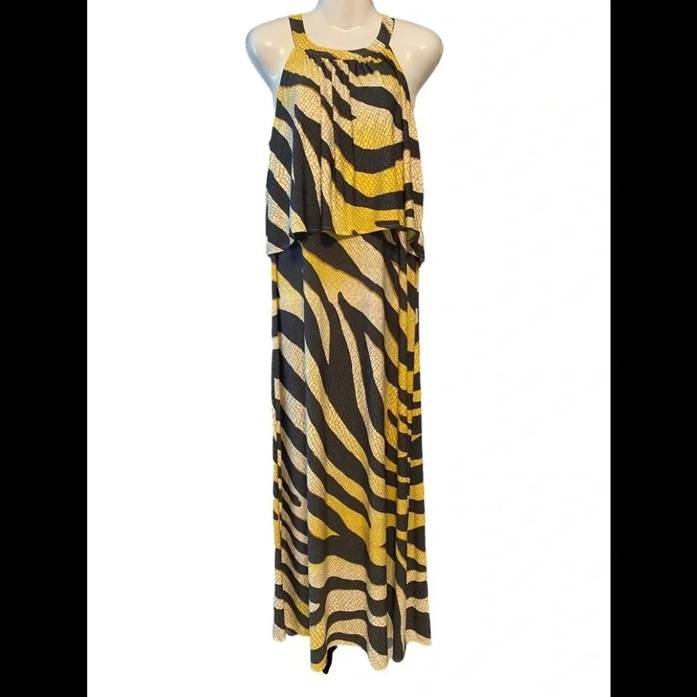 NWT Chico’s Dress Golden Zebra Bib Maxi Dress